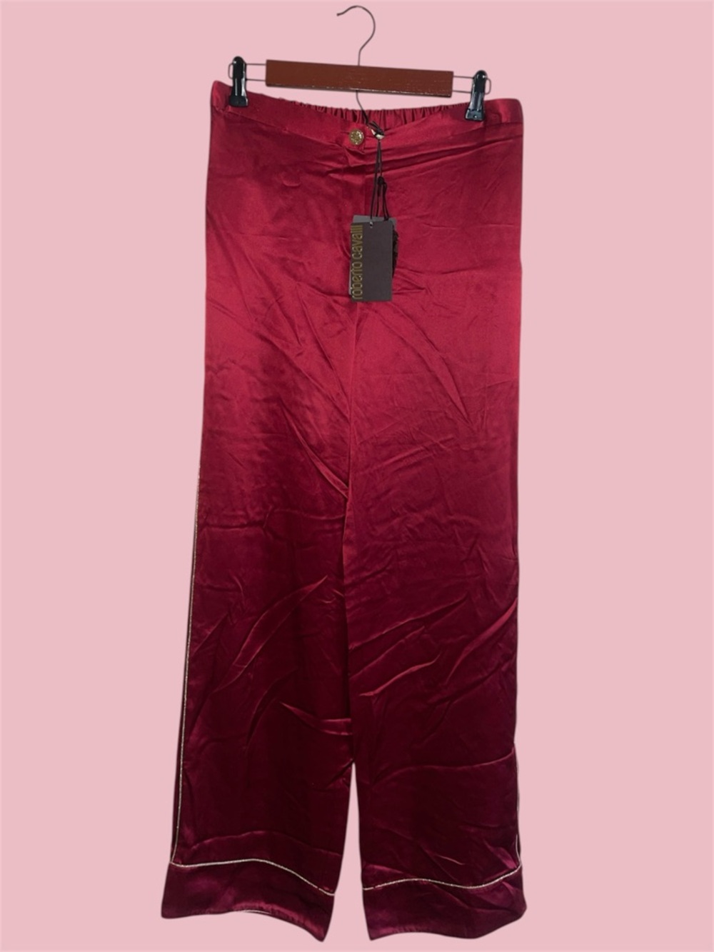 Roberto Cavalli Red Silk Pants with Gold Trim